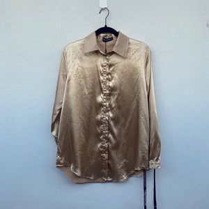 PrettyLittleThing Beige Satin Long Sleeve Button Down Blouse